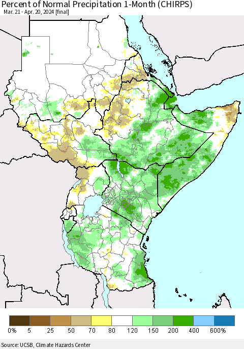 Eastern Africa Percent of Normal Precipitation 1-Month (CHIRPS) Thematic Map For 3/21/2024 - 4/20/2024