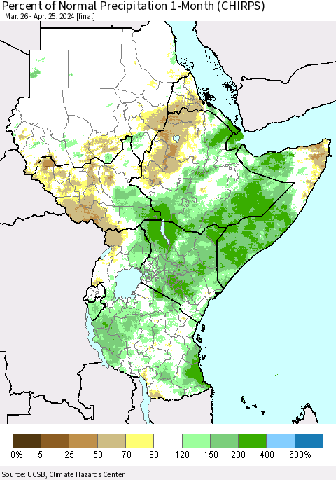 Eastern Africa Percent of Normal Precipitation 1-Month (CHIRPS) Thematic Map For 3/26/2024 - 4/25/2024