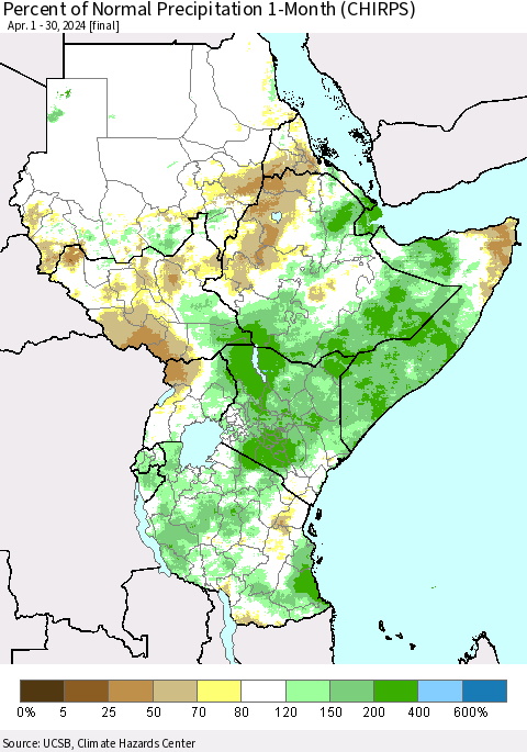 Eastern Africa Percent of Normal Precipitation 1-Month (CHIRPS) Thematic Map For 4/1/2024 - 4/30/2024