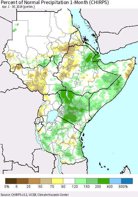 Eastern Africa Percent of Normal Precipitation 1-Month (CHIRPS) Thematic Map For 4/1/2024 - 4/30/2024