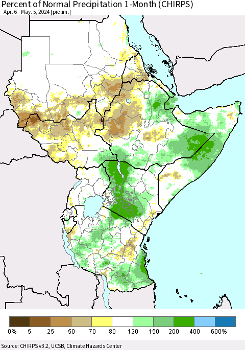 Eastern Africa Percent of Normal Precipitation 1-Month (CHIRPS) Thematic Map For 4/6/2024 - 5/5/2024