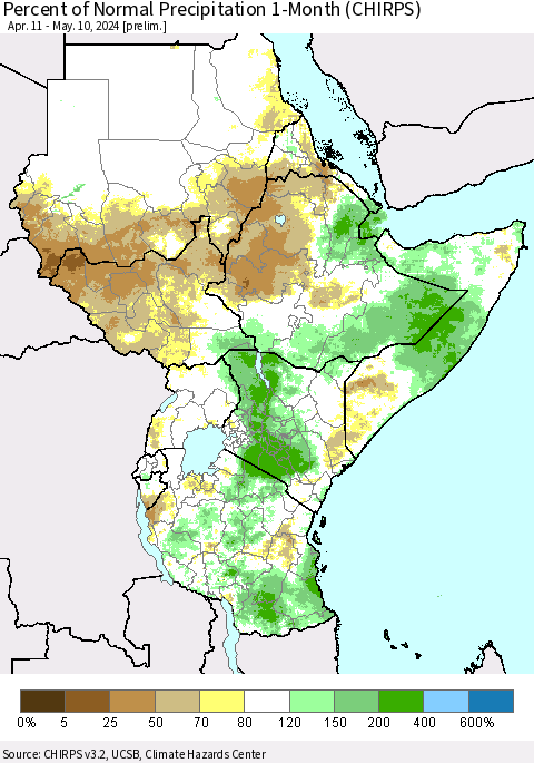 Eastern Africa Percent of Normal Precipitation 1-Month (CHIRPS) Thematic Map For 4/11/2024 - 5/10/2024