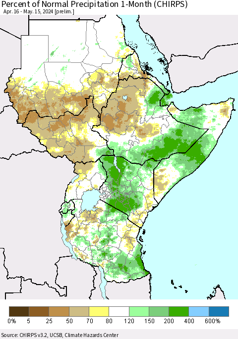 Eastern Africa Percent of Normal Precipitation 1-Month (CHIRPS) Thematic Map For 4/16/2024 - 5/15/2024