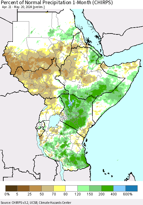 Eastern Africa Percent of Normal Precipitation 1-Month (CHIRPS) Thematic Map For 4/21/2024 - 5/20/2024