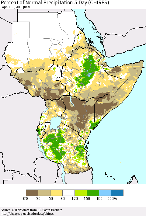 Eastern Africa Percent of Normal Precipitation 5-Day (CHIRPS) Thematic Map For 4/1/2019 - 4/5/2019