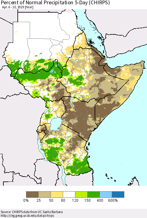 Eastern Africa Percent of Normal Precipitation 5-Day (CHIRPS) Thematic Map For 4/6/2019 - 4/10/2019