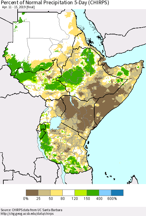 Eastern Africa Percent of Normal Precipitation 5-Day (CHIRPS) Thematic Map For 4/11/2019 - 4/15/2019