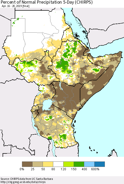 Eastern Africa Percent of Normal Precipitation 5-Day (CHIRPS) Thematic Map For 4/16/2019 - 4/20/2019