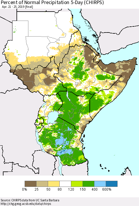 Eastern Africa Percent of Normal Precipitation 5-Day (CHIRPS) Thematic Map For 4/21/2019 - 4/25/2019