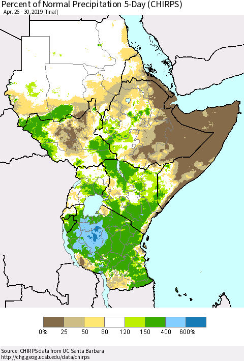 Eastern Africa Percent of Normal Precipitation 5-Day (CHIRPS) Thematic Map For 4/26/2019 - 4/30/2019