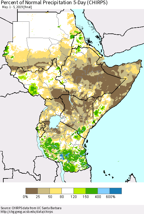 Eastern Africa Percent of Normal Precipitation 5-Day (CHIRPS) Thematic Map For 5/1/2019 - 5/5/2019