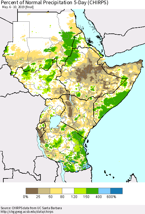 Eastern Africa Percent of Normal Precipitation 5-Day (CHIRPS) Thematic Map For 5/6/2019 - 5/10/2019