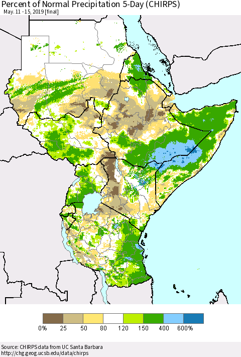 Eastern Africa Percent of Normal Precipitation 5-Day (CHIRPS) Thematic Map For 5/11/2019 - 5/15/2019