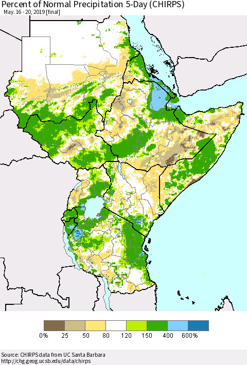 Eastern Africa Percent of Normal Precipitation 5-Day (CHIRPS) Thematic Map For 5/16/2019 - 5/20/2019