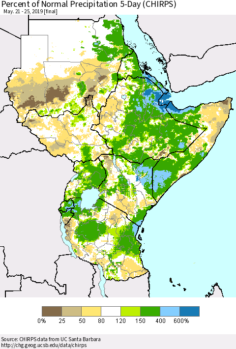 Eastern Africa Percent of Normal Precipitation 5-Day (CHIRPS) Thematic Map For 5/21/2019 - 5/25/2019