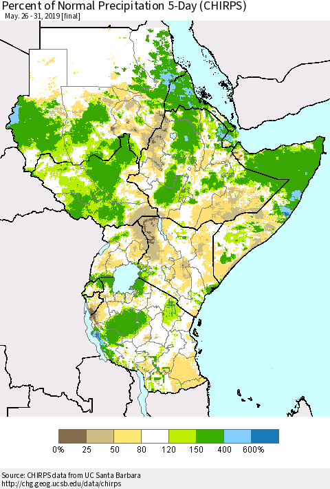 Eastern Africa Percent of Normal Precipitation 5-Day (CHIRPS) Thematic Map For 5/26/2019 - 5/31/2019