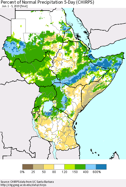 Eastern Africa Percent of Normal Precipitation 5-Day (CHIRPS) Thematic Map For 6/1/2019 - 6/5/2019