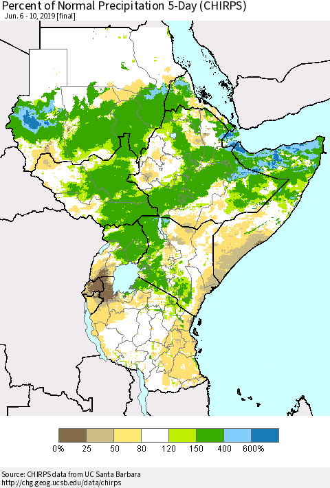 Eastern Africa Percent of Normal Precipitation 5-Day (CHIRPS) Thematic Map For 6/6/2019 - 6/10/2019