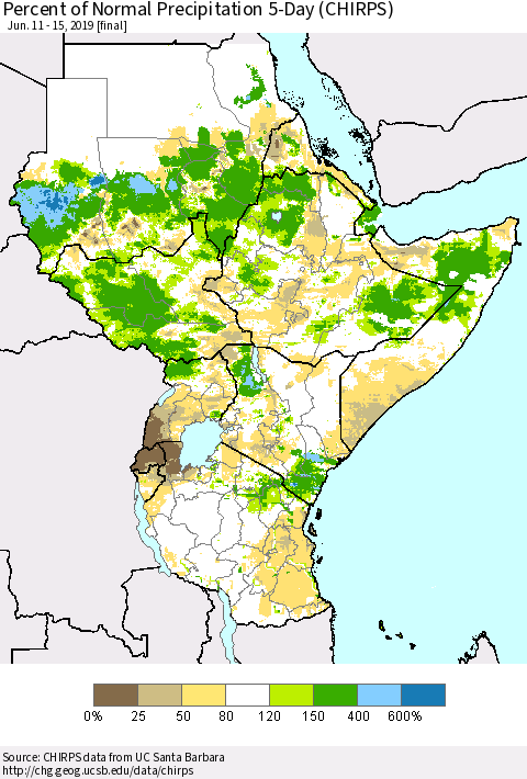 Eastern Africa Percent of Normal Precipitation 5-Day (CHIRPS) Thematic Map For 6/11/2019 - 6/15/2019