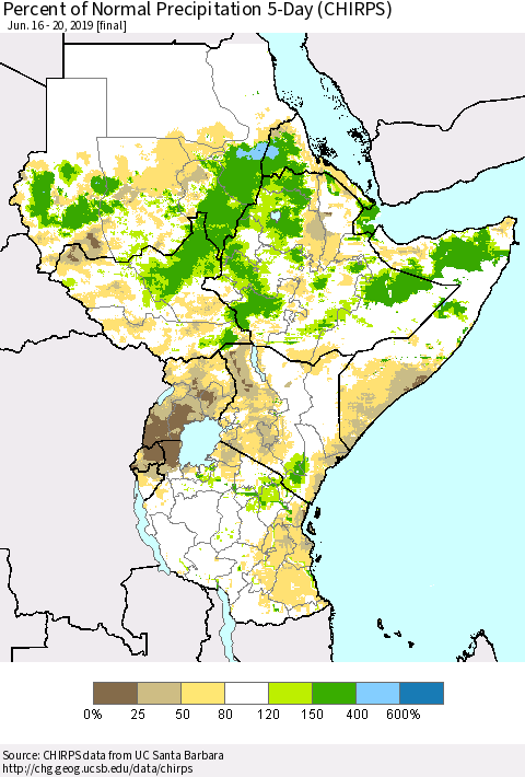 Eastern Africa Percent of Normal Precipitation 5-Day (CHIRPS) Thematic Map For 6/16/2019 - 6/20/2019