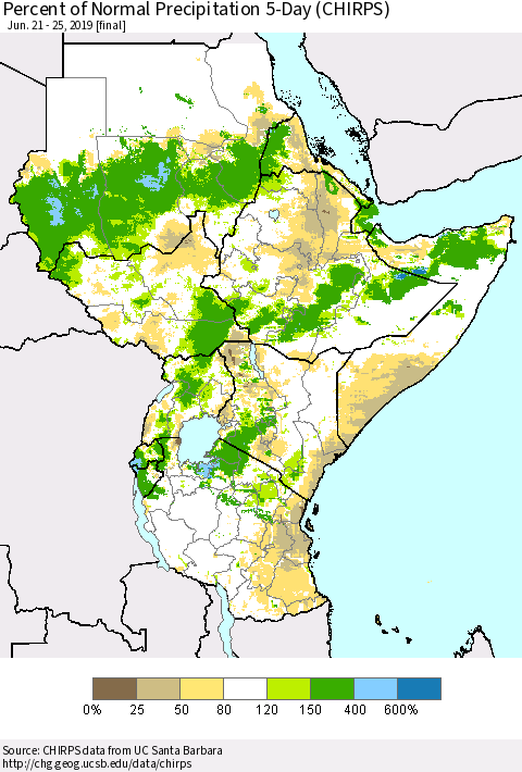 Eastern Africa Percent of Normal Precipitation 5-Day (CHIRPS) Thematic Map For 6/21/2019 - 6/25/2019