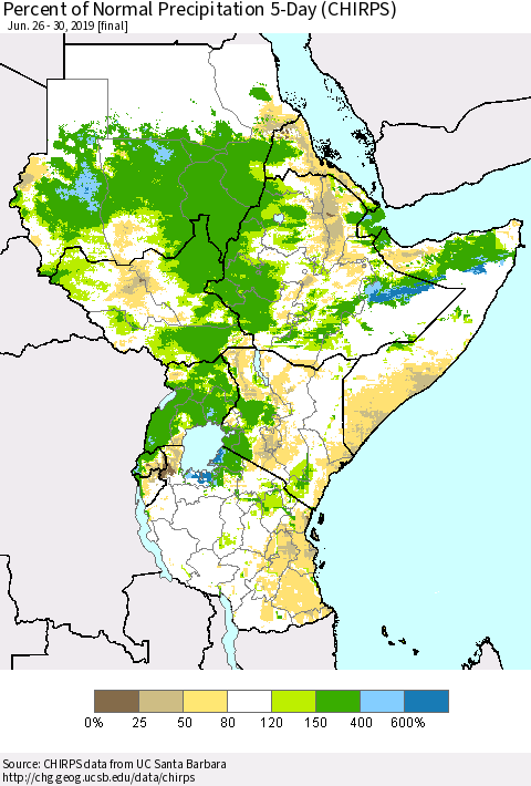 Eastern Africa Percent of Normal Precipitation 5-Day (CHIRPS) Thematic Map For 6/26/2019 - 6/30/2019