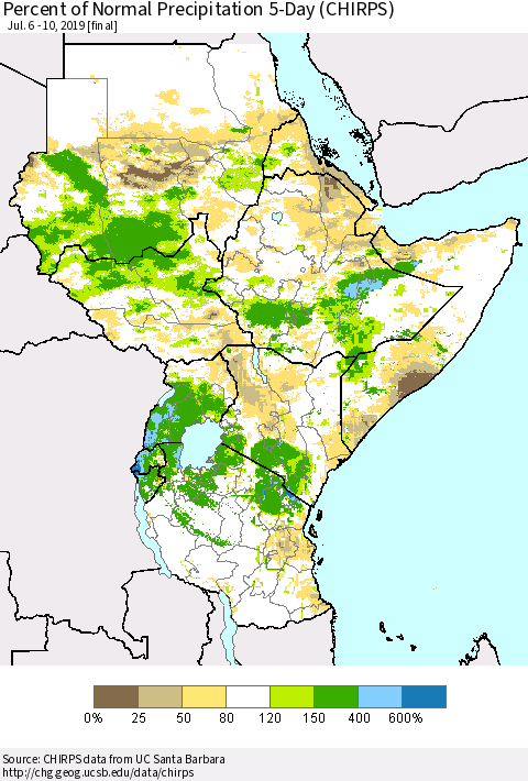 Eastern Africa Percent of Normal Precipitation 5-Day (CHIRPS) Thematic Map For 7/6/2019 - 7/10/2019
