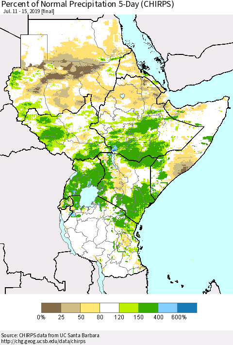 Eastern Africa Percent of Normal Precipitation 5-Day (CHIRPS) Thematic Map For 7/11/2019 - 7/15/2019