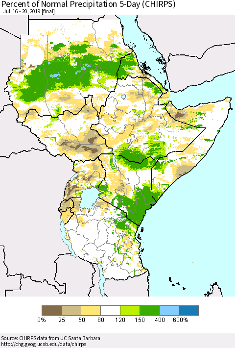 Eastern Africa Percent of Normal Precipitation 5-Day (CHIRPS) Thematic Map For 7/16/2019 - 7/20/2019