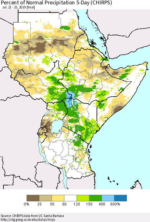 Eastern Africa Percent of Normal Precipitation 5-Day (CHIRPS) Thematic Map For 7/21/2019 - 7/25/2019