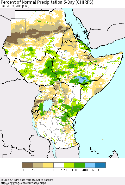 Eastern Africa Percent of Normal Precipitation 5-Day (CHIRPS) Thematic Map For 7/26/2019 - 7/31/2019