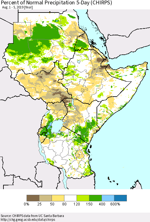 Eastern Africa Percent of Normal Precipitation 5-Day (CHIRPS) Thematic Map For 8/1/2019 - 8/5/2019