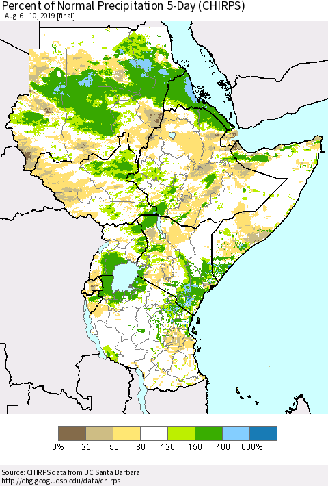 Eastern Africa Percent of Normal Precipitation 5-Day (CHIRPS) Thematic Map For 8/6/2019 - 8/10/2019