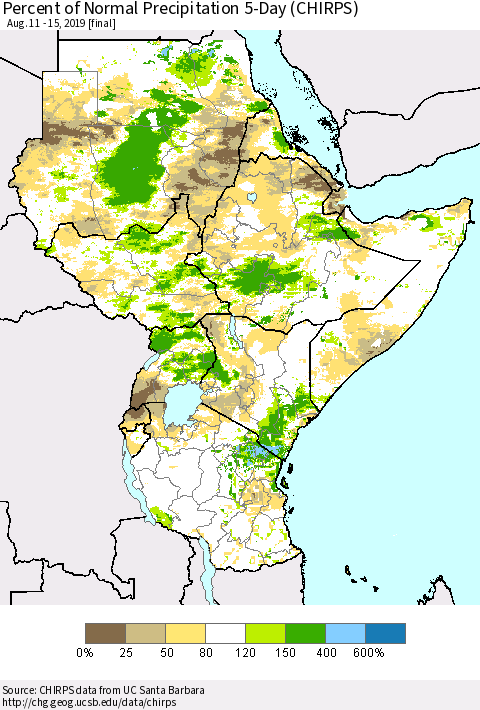Eastern Africa Percent of Normal Precipitation 5-Day (CHIRPS) Thematic Map For 8/11/2019 - 8/15/2019