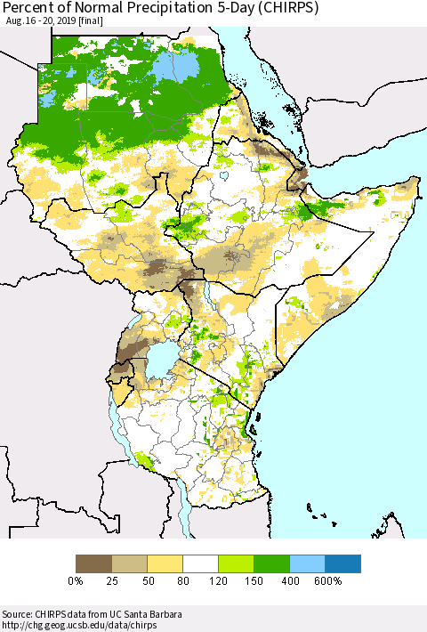 Eastern Africa Percent of Normal Precipitation 5-Day (CHIRPS) Thematic Map For 8/16/2019 - 8/20/2019