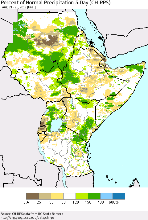 Eastern Africa Percent of Normal Precipitation 5-Day (CHIRPS) Thematic Map For 8/21/2019 - 8/25/2019