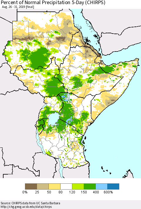 Eastern Africa Percent of Normal Precipitation 5-Day (CHIRPS) Thematic Map For 8/26/2019 - 8/31/2019