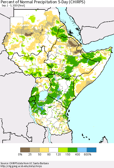 Eastern Africa Percent of Normal Precipitation 5-Day (CHIRPS) Thematic Map For 9/1/2019 - 9/5/2019
