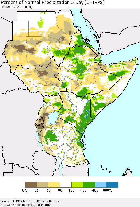 Eastern Africa Percent of Normal Precipitation 5-Day (CHIRPS) Thematic Map For 9/6/2019 - 9/10/2019