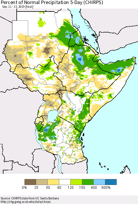 Eastern Africa Percent of Normal Precipitation 5-Day (CHIRPS) Thematic Map For 9/11/2019 - 9/15/2019