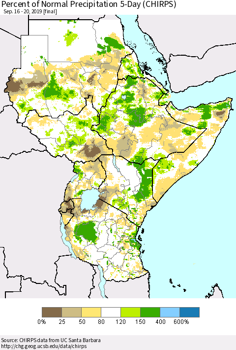 Eastern Africa Percent of Normal Precipitation 5-Day (CHIRPS) Thematic Map For 9/16/2019 - 9/20/2019