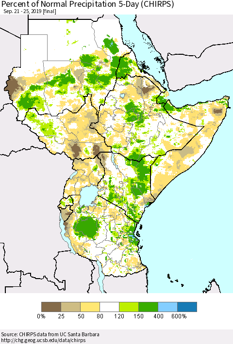 Eastern Africa Percent of Normal Precipitation 5-Day (CHIRPS) Thematic Map For 9/21/2019 - 9/25/2019
