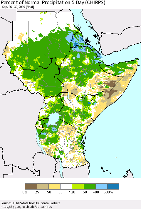 Eastern Africa Percent of Normal Precipitation 5-Day (CHIRPS) Thematic Map For 9/26/2019 - 9/30/2019