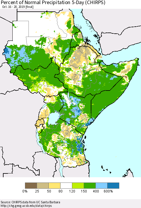 Eastern Africa Percent of Normal Precipitation 5-Day (CHIRPS) Thematic Map For 10/16/2019 - 10/20/2019