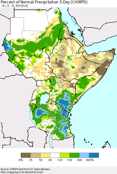 Eastern Africa Percent of Normal Precipitation 5-Day (CHIRPS) Thematic Map For 10/21/2019 - 10/25/2019