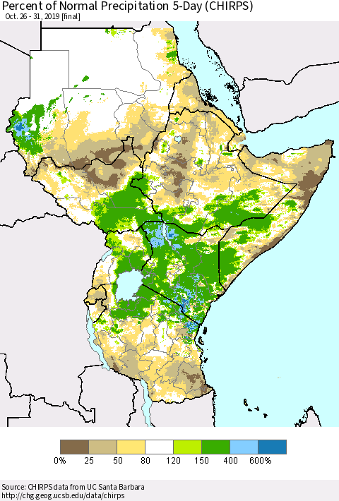 Eastern Africa Percent of Normal Precipitation 5-Day (CHIRPS) Thematic Map For 10/26/2019 - 10/31/2019