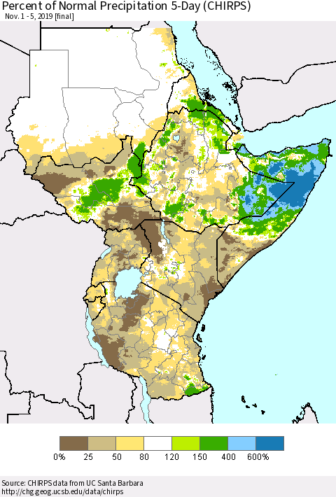 Eastern Africa Percent of Normal Precipitation 5-Day (CHIRPS) Thematic Map For 11/1/2019 - 11/5/2019