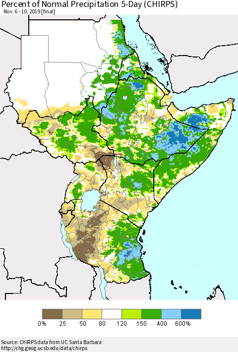 Eastern Africa Percent of Normal Precipitation 5-Day (CHIRPS) Thematic Map For 11/6/2019 - 11/10/2019