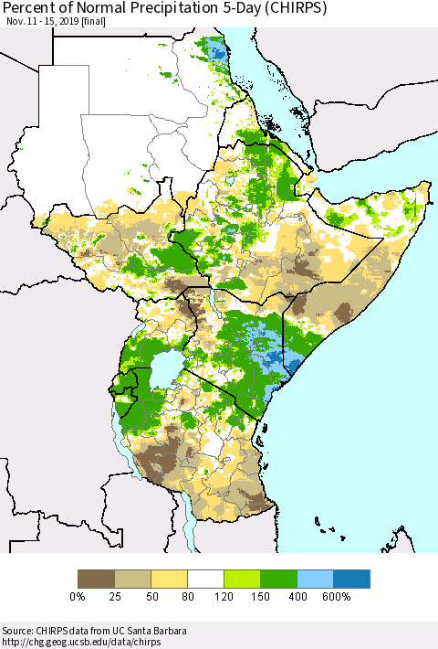 Eastern Africa Percent of Normal Precipitation 5-Day (CHIRPS) Thematic Map For 11/11/2019 - 11/15/2019
