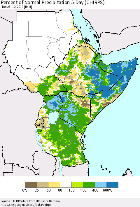 Eastern Africa Percent of Normal Precipitation 5-Day (CHIRPS) Thematic Map For 12/6/2019 - 12/10/2019